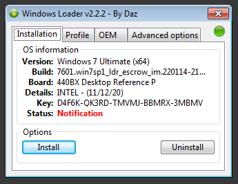 Интерфейс Windows 7 Loader By Daz